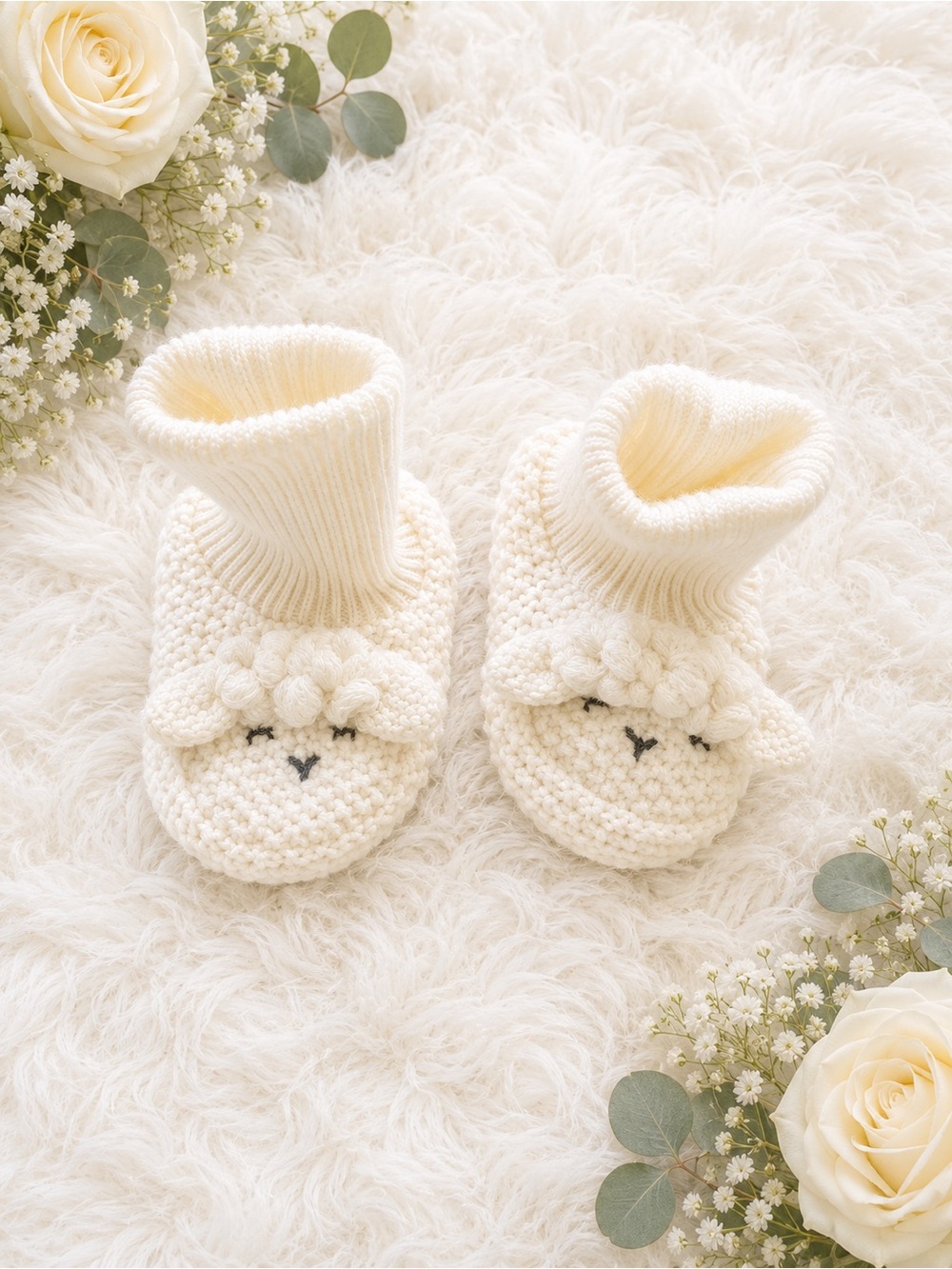 Cream Knit Baby Booties with Lamb Face - Brand New (no tags)